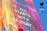 Colourful thread art with the words “It all starts with a story,” alongside logos for Our Race, Tatak, and FPA on a blue background.